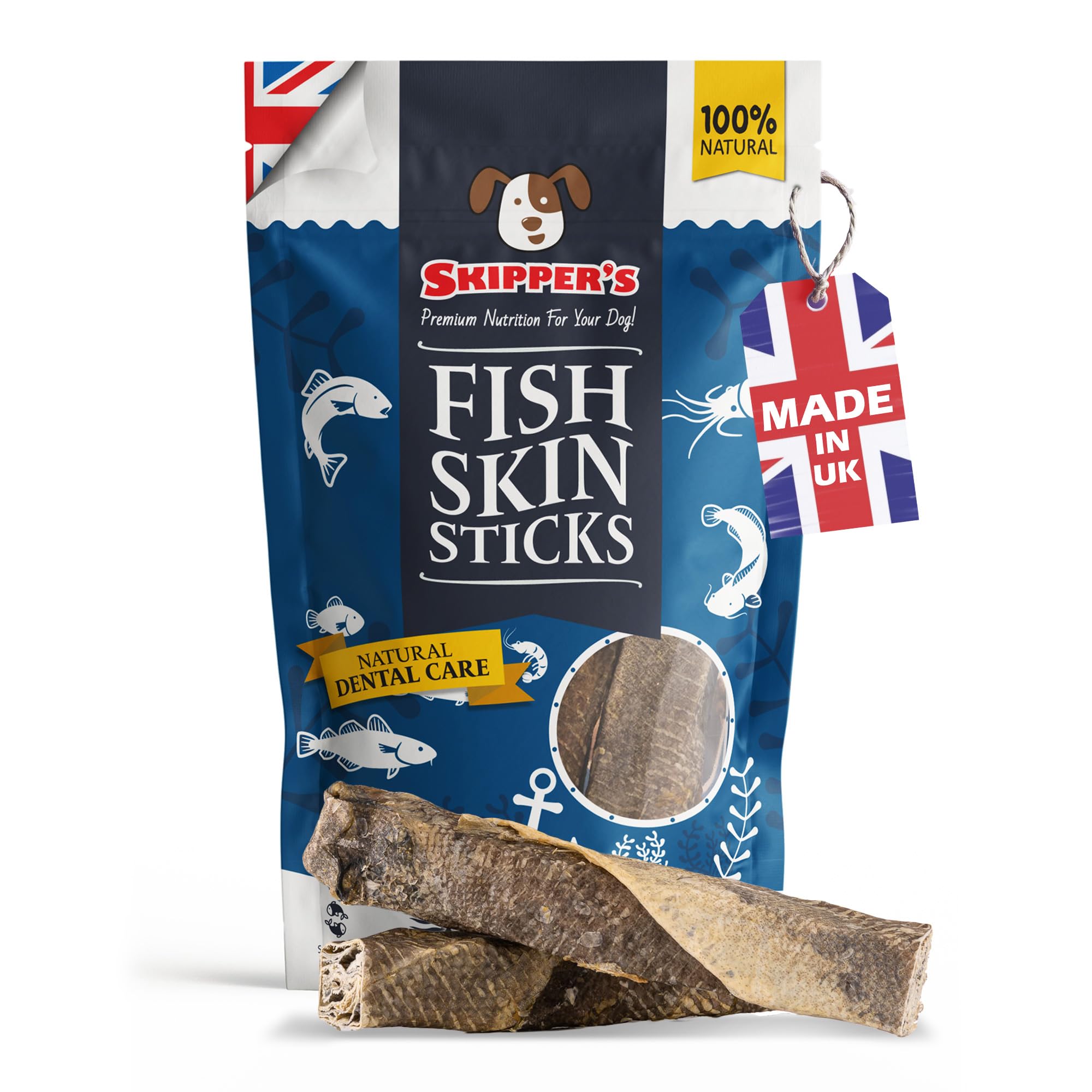 SKIPPER'S Fish Skin Dental Sticks - Natural Dog Dried Treats, Low in Fat Healthy Chews, Long Lasting Grain Free Dog Treat | White-Fish Skin Sticks For Dogs (Regular, 250g)