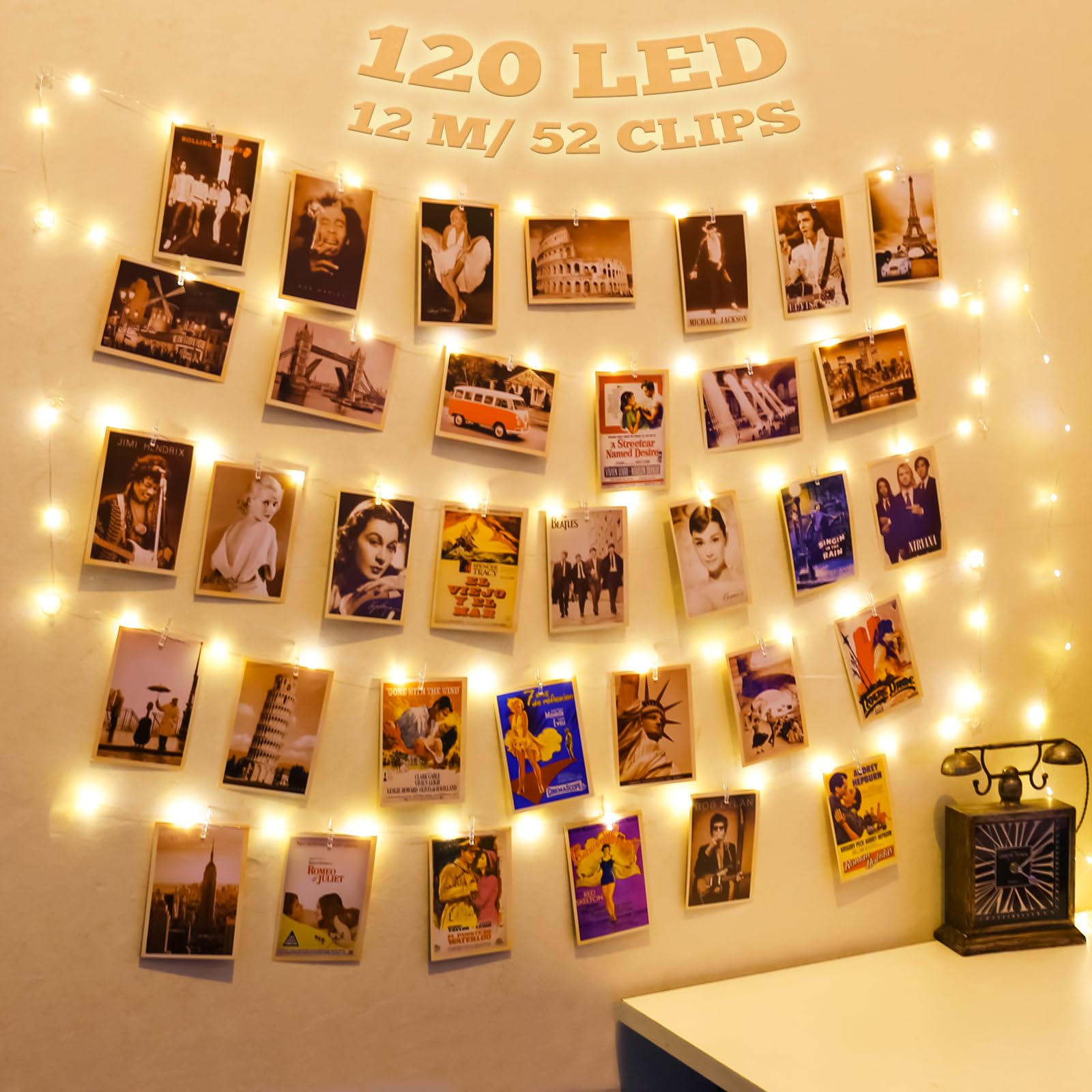 HXWEIYE 120LEDs Photo Clips String Light, Warm White 40Ft Fairy Light with 52 Clear Clips & 12 Hooks on Wall, Timer & 8 Modes USB Powered Copper Wire String Light for Hanging Picture, Bedroom Party