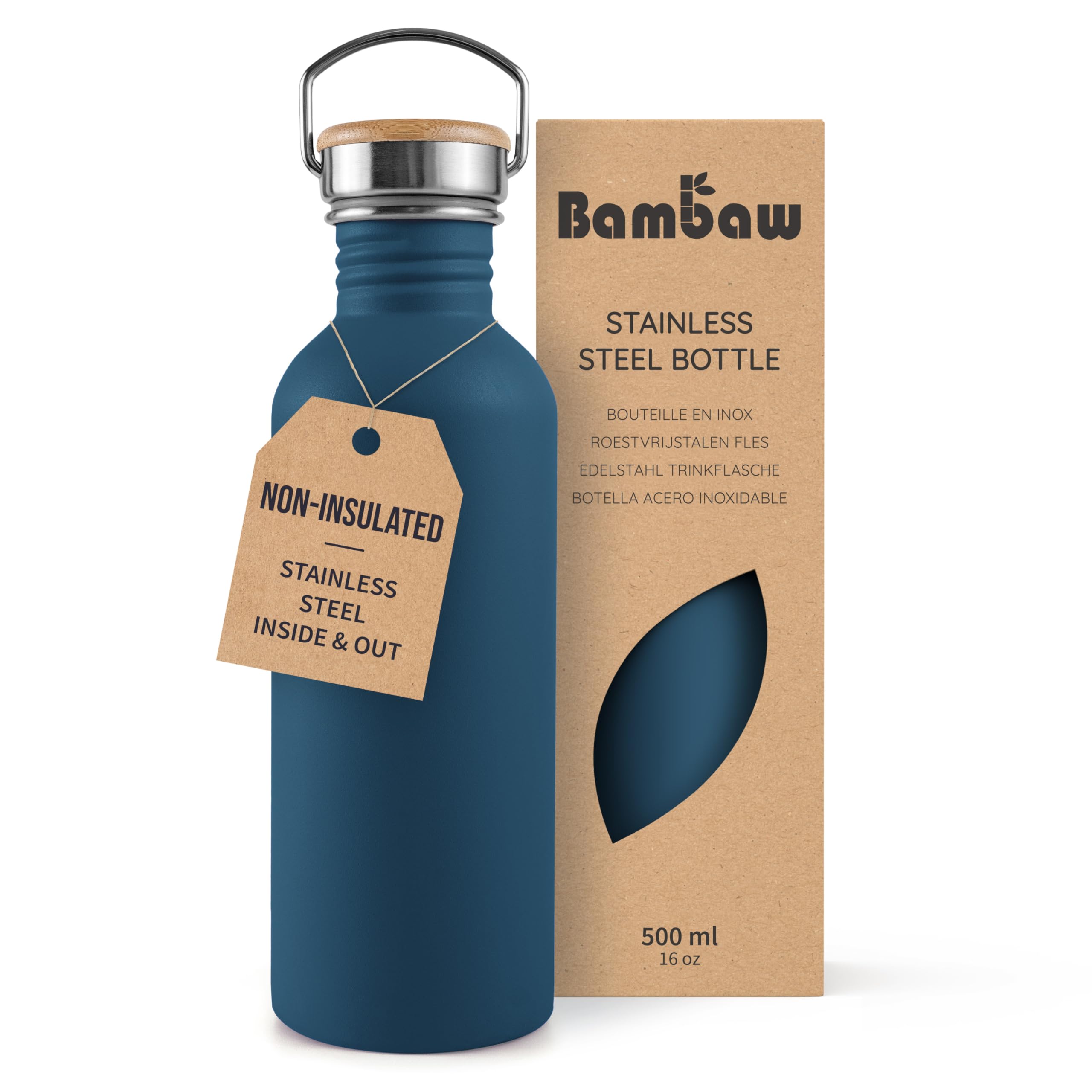 Photo 1 of Bambaw Stainless Steel Water Bottle, 500 ml, Blue Sports Bottle, Non-Insulated Metal Bottle, Children's Metal Bottle, 500 ml, Reusable Water Bottle – Sapphire Blue
