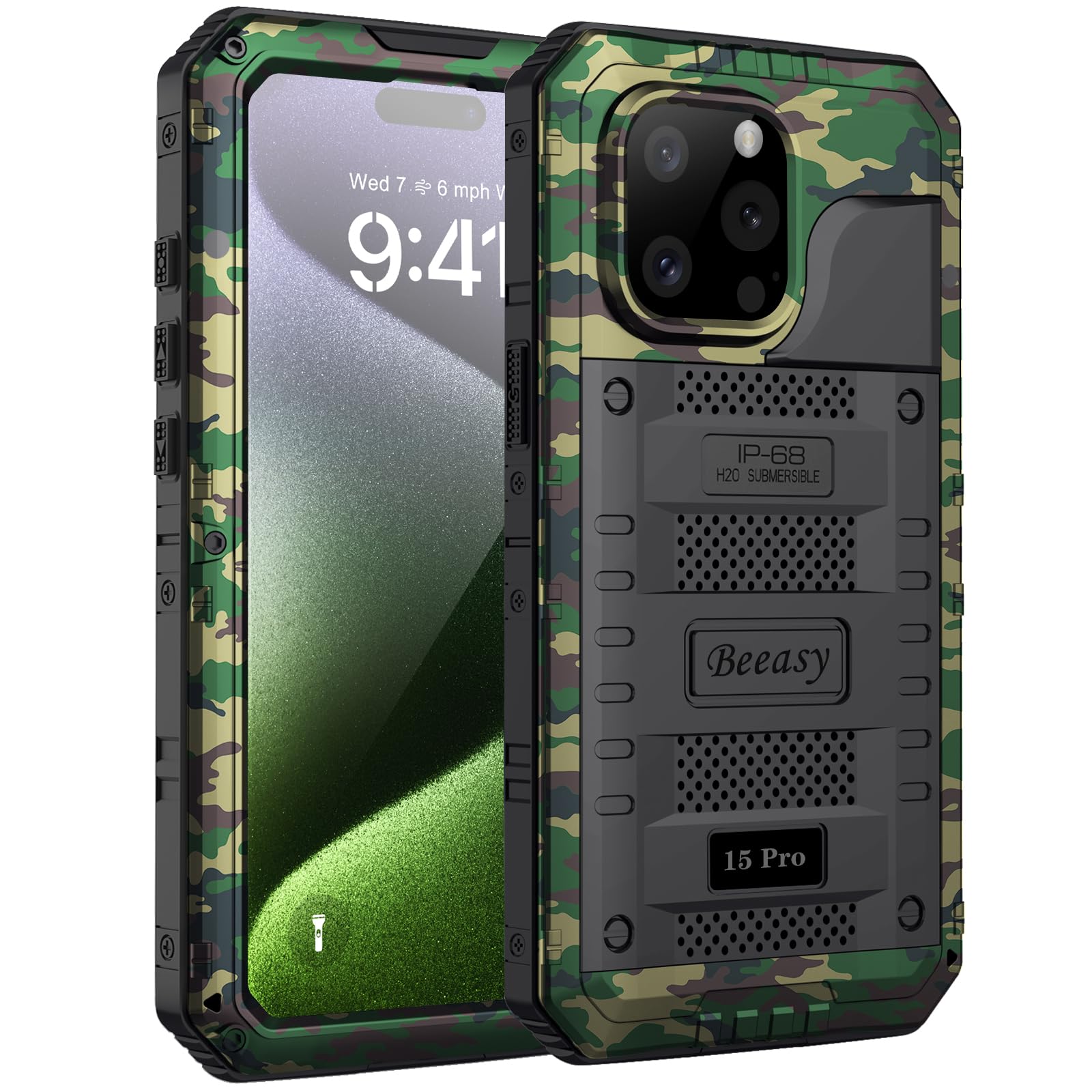 Beeasy for iPhone 15 Pro Case Waterproof Heavy Duty Tough Metal Armour Cover Shockproof Dustproof Built-in Screen Protector, Robust Full Body Military Protective Rugged Case for iPhone 15 Pro, Camo
