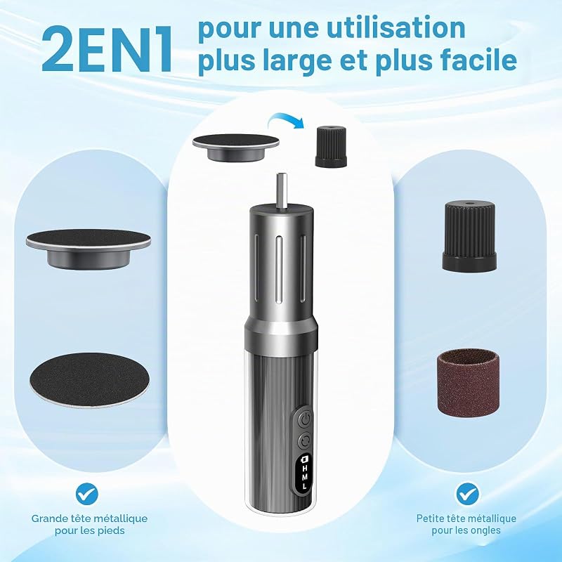 Dissolvant de callosités électrique LED 2 en 1 avec 6 vitesses réglables en continu et limes permanentes et polissoir à ongles remplaçable pour le soin professionnel des pieds