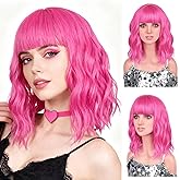 Pink Wig, Hot Pink Bob Wigs with Bangs, Adjustable Straps Colorful Wig Synthetic Heat Resistant Fiber for Daily Party Cosplay Use, Shoulder Length Wavy Pink Wig for Women Girl with Wig Cap, 14 Inch