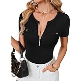 Vrtige Women's Summer Short Sleeve Shirt Half Zip Ribbed Knit Fitted Tee Top T Shirt