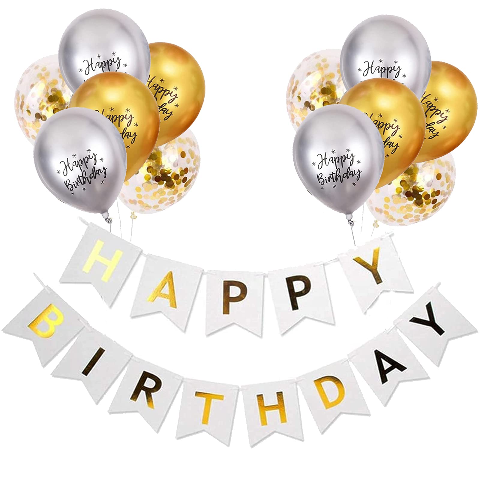 Happy Birthday Banner, Gold silver Party Decorations Happy Birthday Bunting Banners, 12 inch Colorful Happy Birthday Balloons Perfect for Birthday Party Decorations