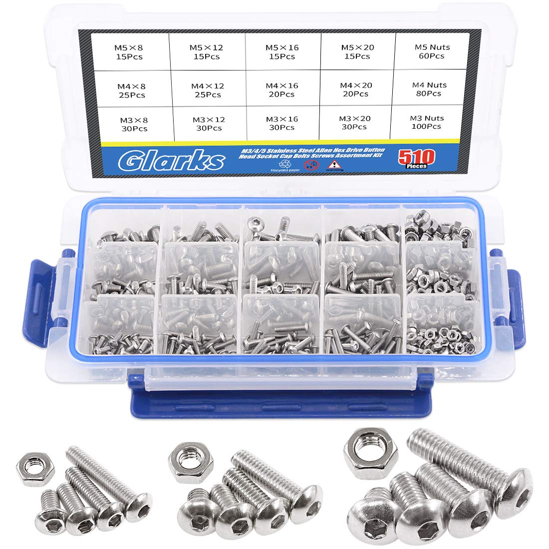 Glarks 510Pcs M3 M4 M5 304 Stainless Steel Allen Hex Drive Button Head Socket Cap Bolts Screws Assortment Kit