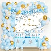 Fiesec Mi Bautizo Decorations for Boys, Baptism First Communion Christening Decorations, God Bless Party Supplies Backdrop Blue Gold Balloon Garland Arch Glitter Banner Cake Cupcake Topper Cutouts