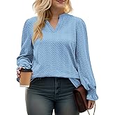 ROSRISS Plus-Size-Womens-Tops Casual Notched V Neck T Shirts Trendy Cute Puff Long Sleeve Tunics Dressy Textured Blouses