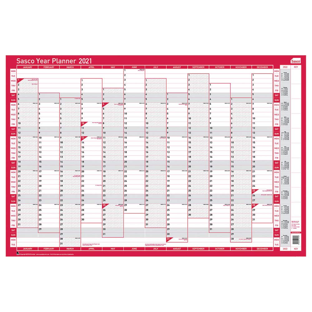 Sasco 2021 Vertical Year Wall Planner with Wet Wipe Pen & Sticker Pack, Red, Poster Style, 915W x 610H mm, 2410131