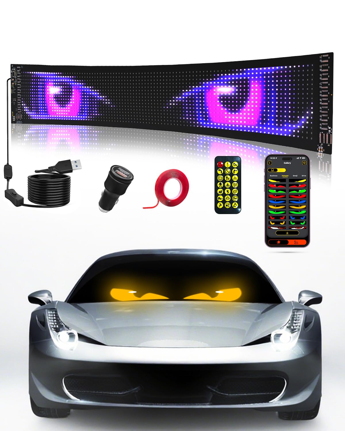 Photo 1 of Devil Eyes Light for Windshield: 23.4"x4.7" Programmable LED Signs with APP & Remote Control - 5V USB Digital Lighting Display, LED Lights for Cars (1 Pcs)