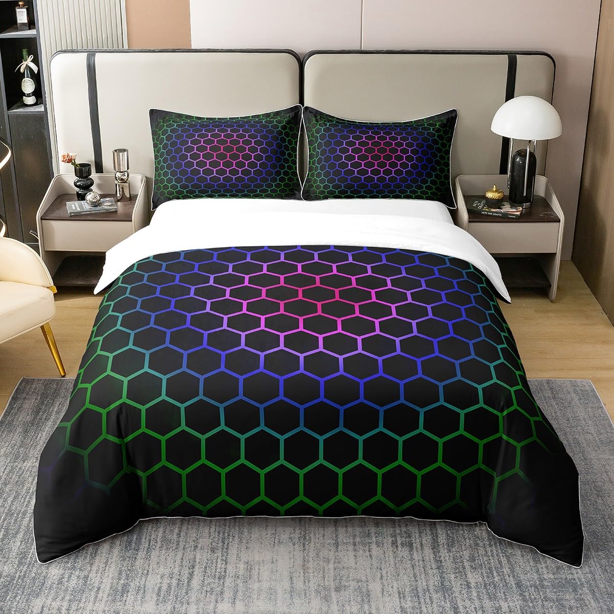 Loussiesd Honeycomb Door 100% Cotton Duvet Cover Double Modern Hexagon Theme Bedding Cotton Duvet Cover Set Geometrical Bedding Set Beehive Bedding Set Cover Geometric Blue Red Green Bedspread Cover