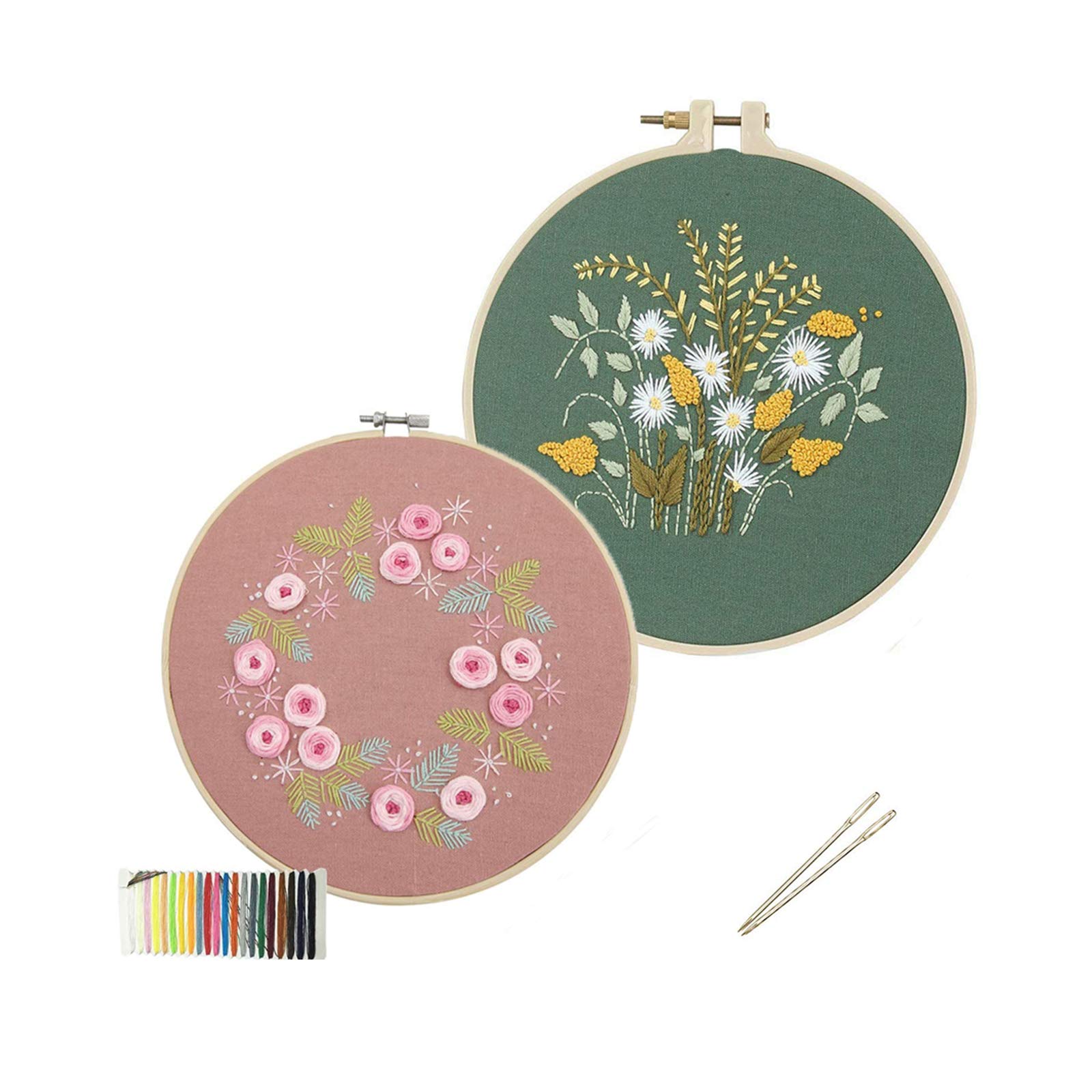2Pack Embroidery Starter Kit, Cross Stitch Tool Kit DIY Handmade of Stamped Embroidery Kits Embroidery Hoops and Cross Stitch Tools for Adults and Kids Beginners