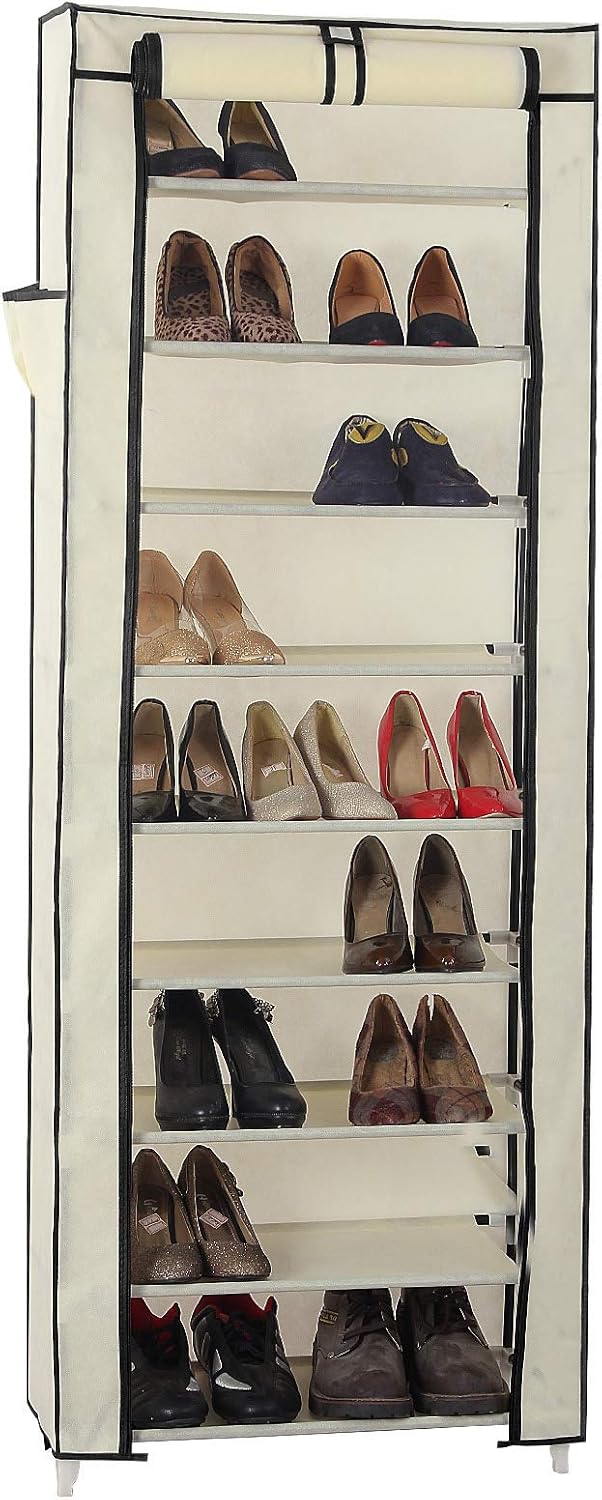 songmics 10 tiers shoe rack on Storage Organization Songmics 10 Tier Shoe Tower Rack With Cover 27 Pair Space Saving Shoe Storage Organizer Beige Urxj10m Home Bigsoundmm Com