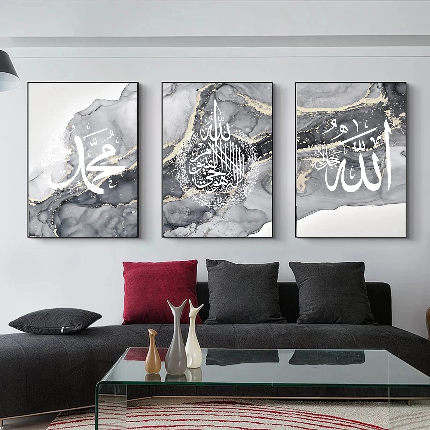ZFTCN Islamic Arabic Calligraphy Canvas Painting, Silver Marble Background Allah Islamic Quotes Poster Canvas Painting Pictures Decoration, No Frame (20 x 30 cm x 3)… — image 1