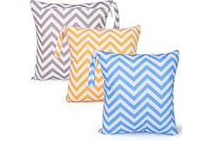 eaxin 3 PCs Cloth Diaper Wet Dry Bags Waterproof Reusable Stroller Travel Beach Pool Daycare Soiled Baby Items Yoga Gym Bag for Swimsuits or Wet Clothes-Chevron-11 x 11"