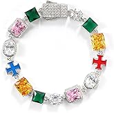 Lulu Mel Colorful Tennis Bracelet Diamond Chain, 10mm Tennis Diamond Colorful Cross CZ Stones Link Chain, Sparkly Rainbow Crystal 7-8 Inches Bracelet Fashion Jewelry Gift