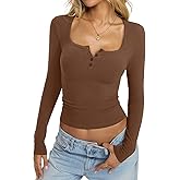 EasyGala Womens Cotton Long Sleeve Henley Shirts Sexy Square Neck Tops Slim Fit T-Shirt Trendy Outfits Fall Clothes 2026