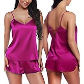 RSLOVE Women V Neck Sexy Lingerie Satin Sleepwear Pajamas Cami Shorts Set Nightwear