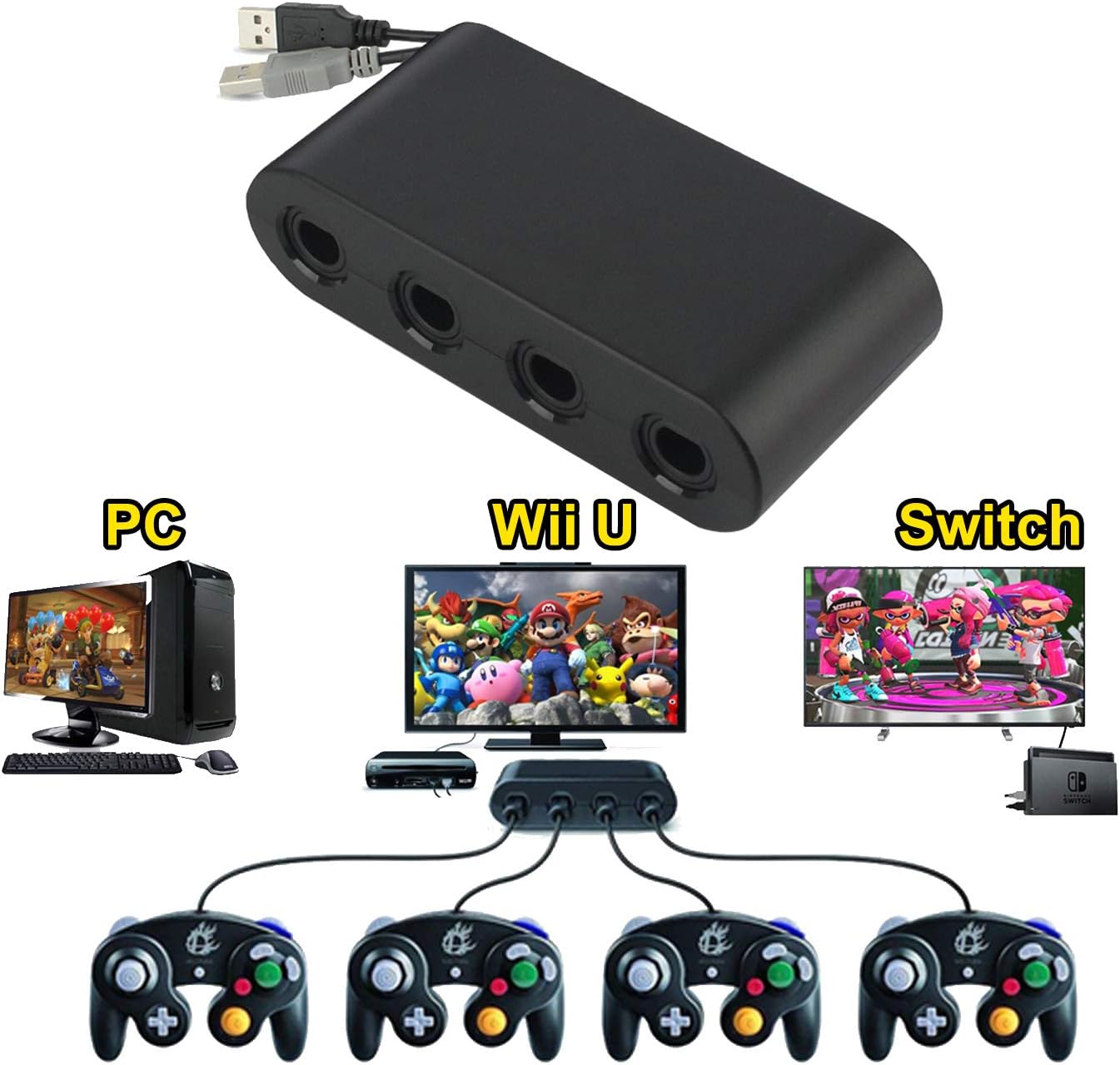 Wii U Gamecube Console Adapter, Sidith Gamecube NGC Console Adapter for Wii U,Nintendo Swith and PC USB(Easy to Plug and No Driver Need, 4 Port Black Gamecube Adapter)-Updated Version