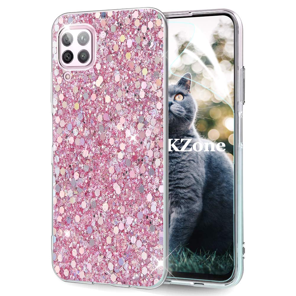 OKZone Compatible with Huawei P40 Lite Case [with HD Screen Protector], Bling Glitter Sparkle Design Slim Fit Soft Gel TPU Silicone Skin Cover Anti-scratch Protective Case (Pink) — image 1