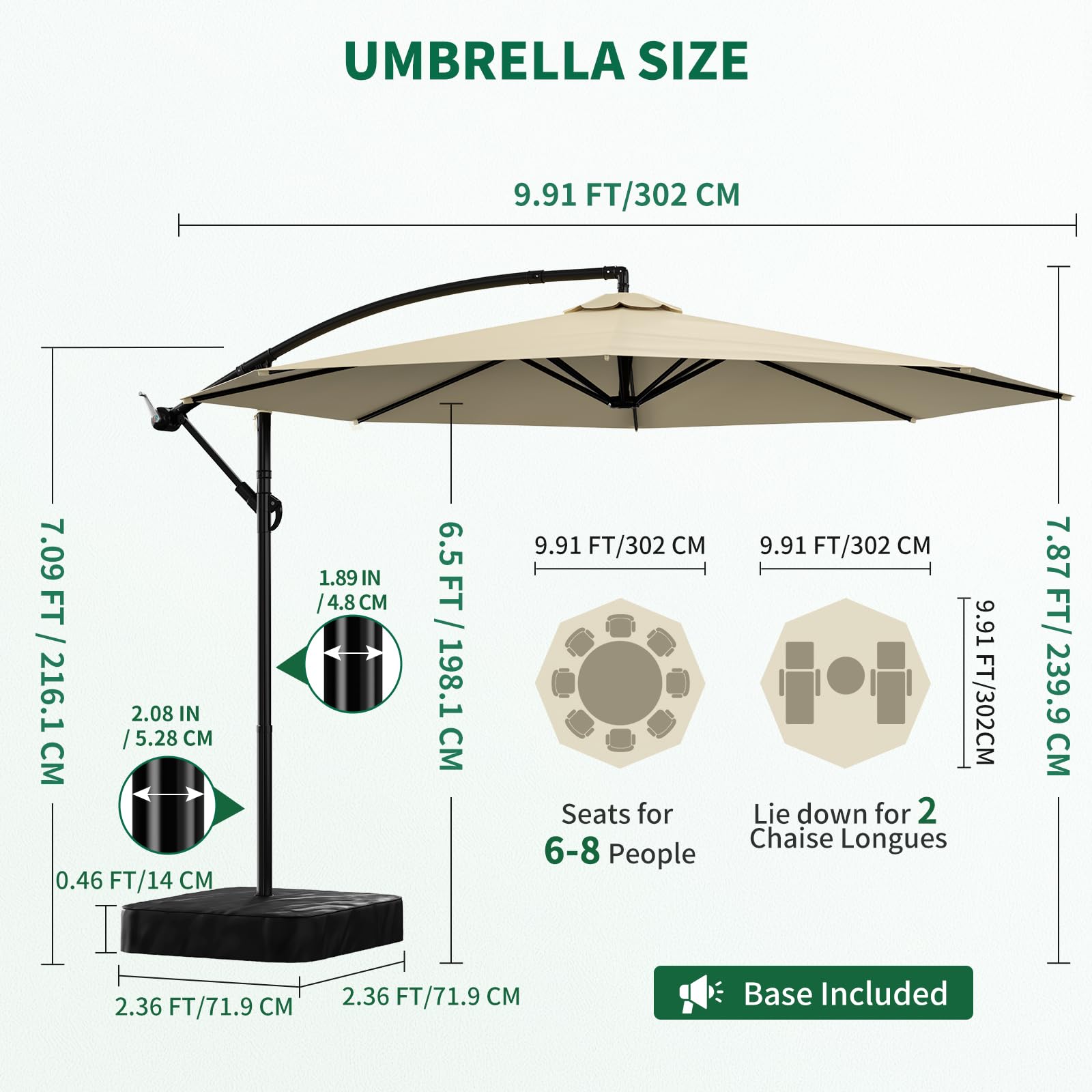 Meulbaty 300 cm Ampelschirm mit Ständer & Sandsäcken, Sonnenschirm für Terrasse Garten Balkon, 360° Drehbar, Neigbar, UV-Schutz, Wasserabweisend, Windstabil, Große Schattenfläche(Beige) 2