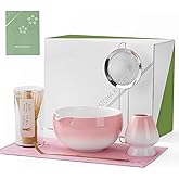 ZENS Pink Matcha Set, 6pcs Matcha Kit Includes Ceramic Bowl, Handcrafted Bamboo Whisk and Chasen Holder, Scoop, 304 Sifter & Tea Mat, Matcha Whisk Set Gift for Matcha Lovers