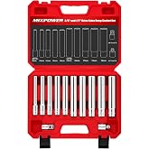 MIXPOWER 12 Pieces 3/8"&amp;1/2" Drive Extra Deep Metric Socket Set,6 Point,8-10-12-13-14-15-16-17-18-19mm with 1/2"&amp;3/8" Adapter,120mm Deep CR-V Socket for Automotive and Industrial Applications