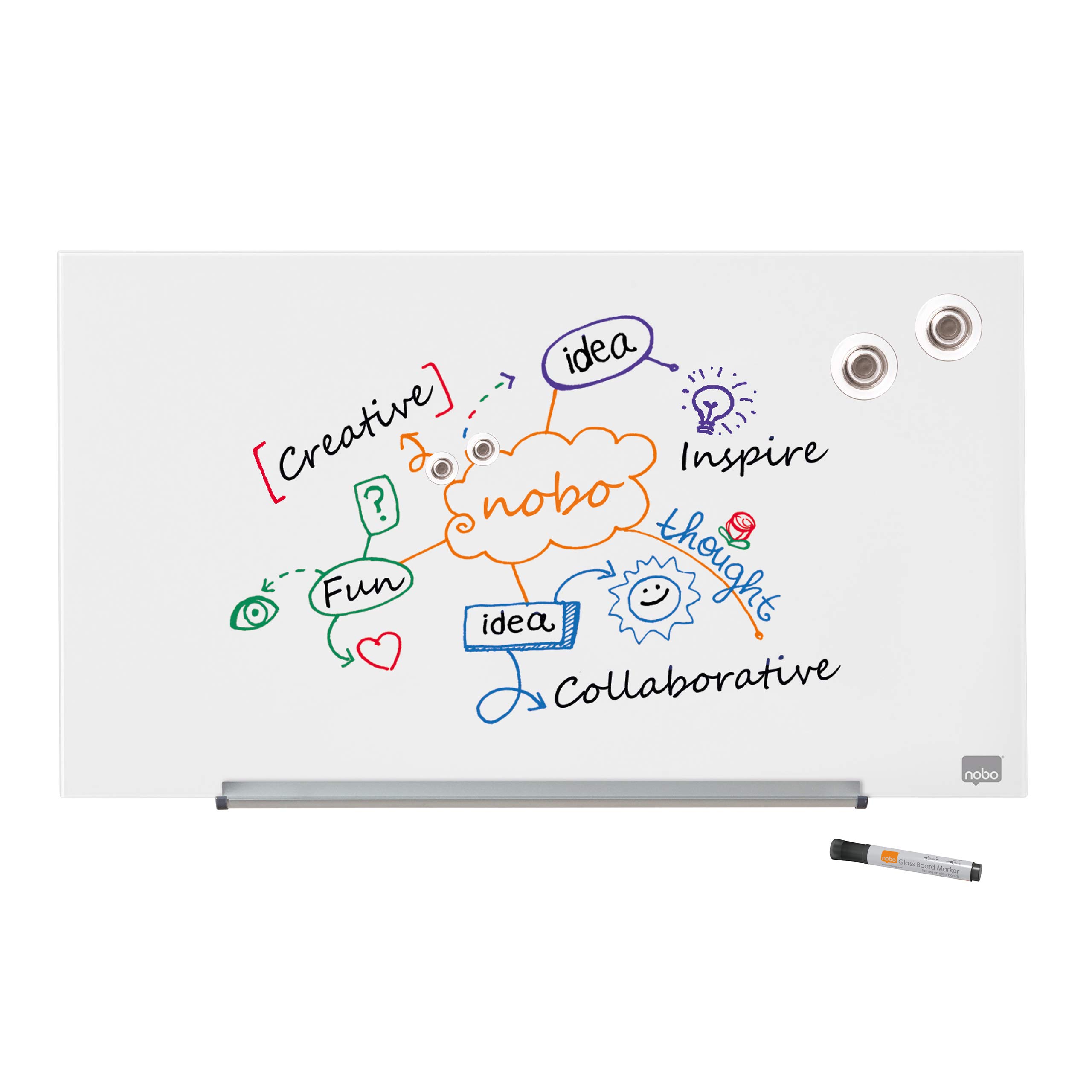 Nobo Glass Magnetic Whiteboard with Removable Pen Tray, 680 x 380 mm, InvisaMount Mounting System, Impression Pro, Brilliant White, 1905175