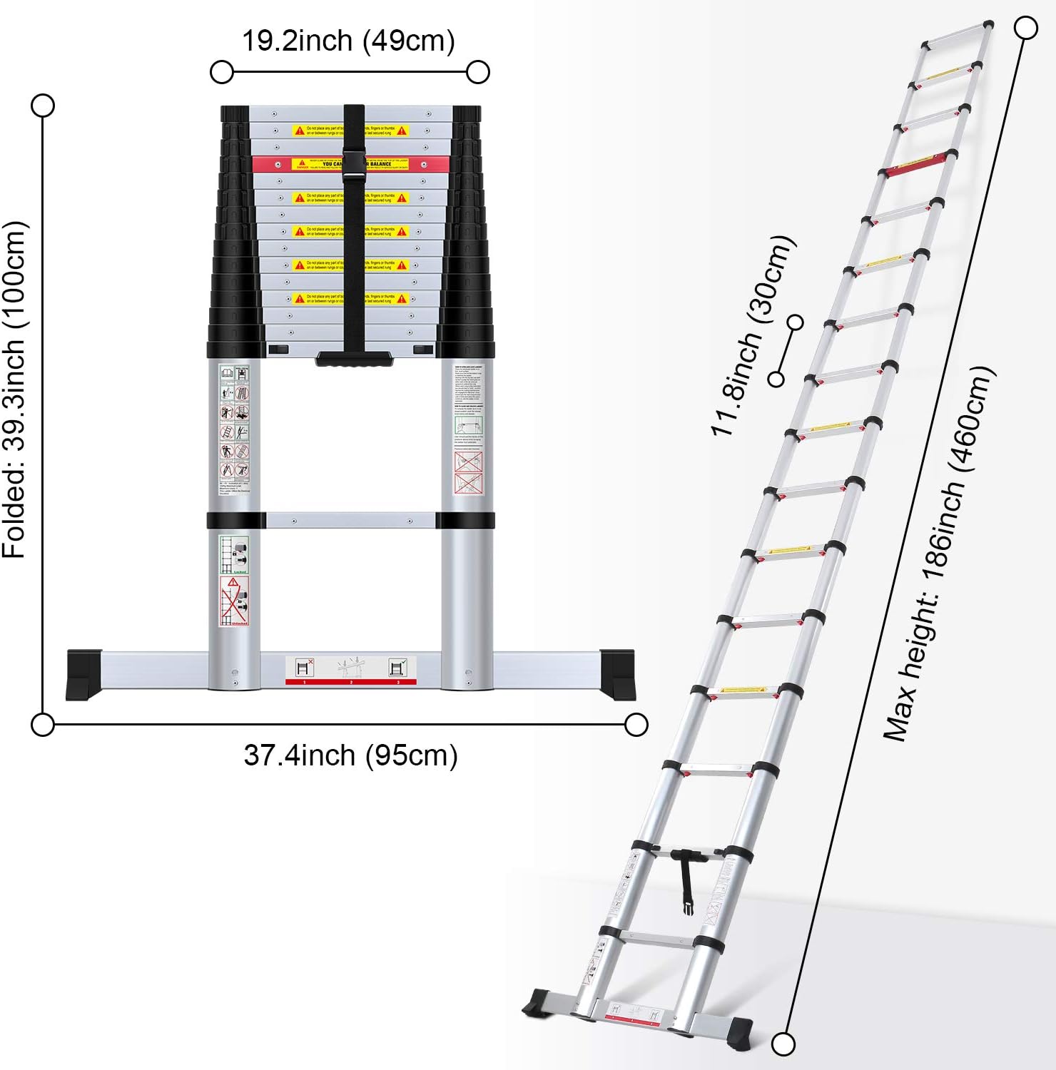 WolfWise 15.5FT Aluminum Telescoping Ladder with Stabilizer, Telescopic Extension Ladder 330 Pounds Capacity - - 