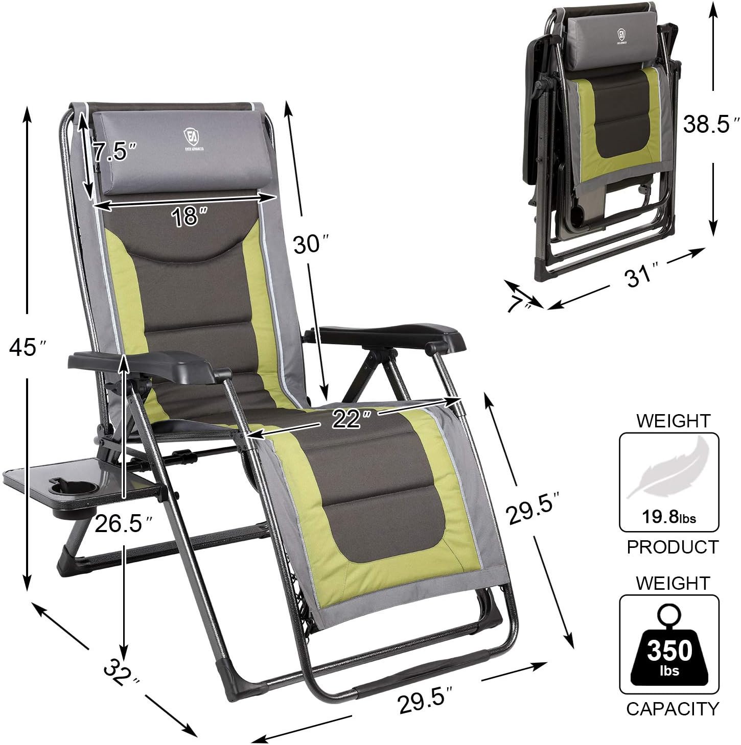 EVER ADVANCED Oversize XL Zero Gravity Recliner Padded Patio Lounger Chair with Adjustable Headrest Support 350lbs (Olive Green) : Garden & Outdoor