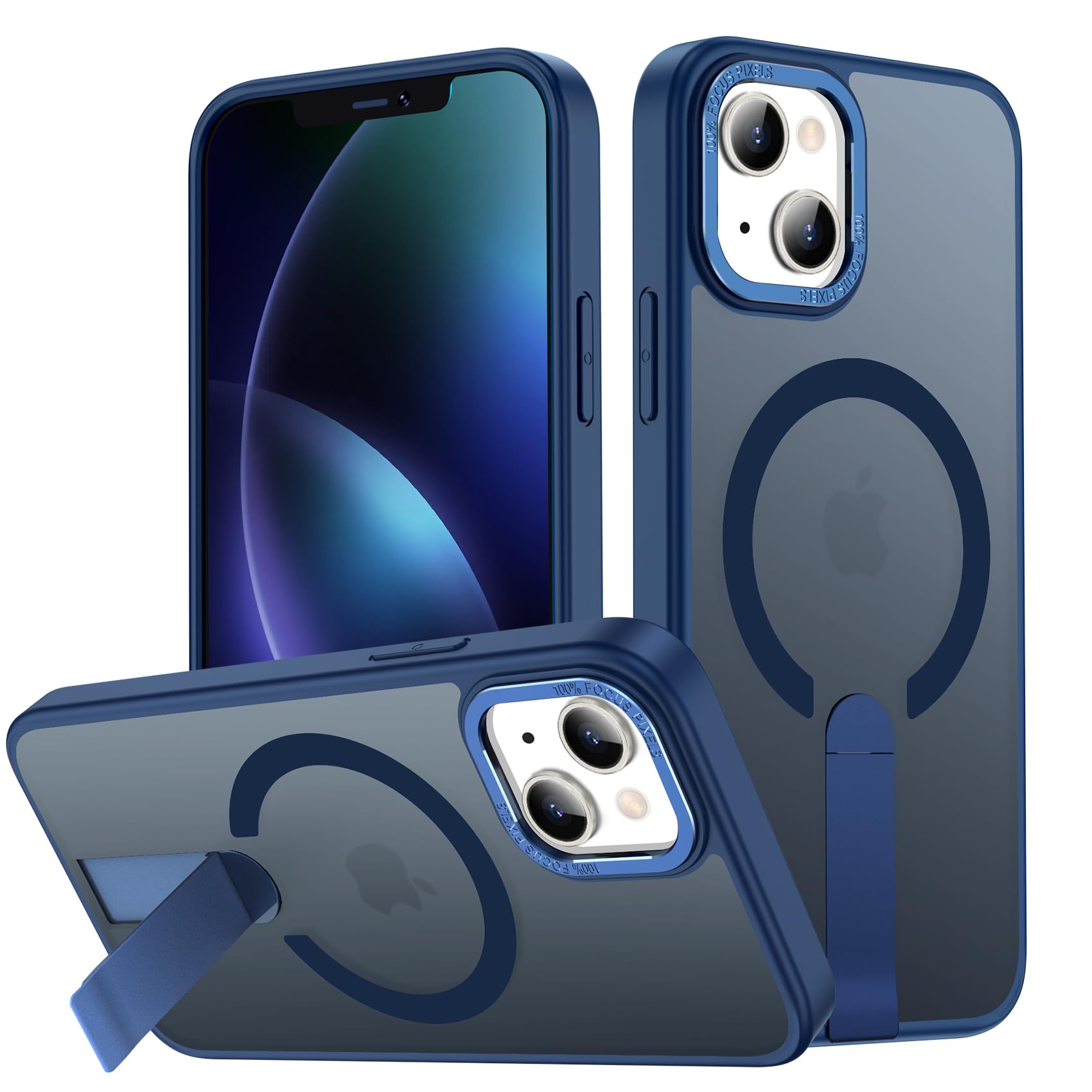 EMMPITU for iPhone 14 Case with Kickstand, Compatible with MagSafe, [Invisible Stand] Anti-Slip Shockproof Military-Grade Protection, Magnetic Slim Translucent Phone Case for iPhone 14 (Blue)