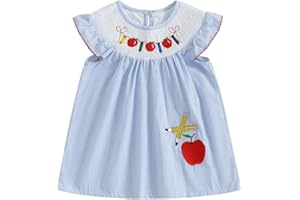 Mobbdow Toddler Girl Back to School Dress Embroidery Short Sleeve Smocked Dress First Day of Preschool Kindergarten Outfit
