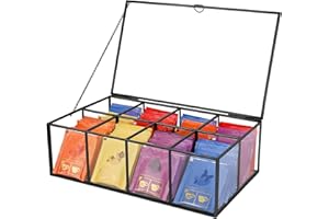 REDHUGO Glass Tea Bag Organizer with 8 Compartments, Handmade Large Tea Bag Storage Box for Counter Kitchen, Tea Bag Holder,Tea Storage Containers with Lid,Tea Accessories Gifts for Tea Drinkers,Black