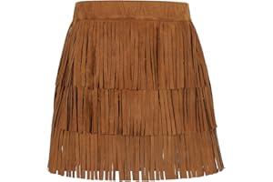 Noomelfish Girls and Women Suede Fringe Skirt Boho Tassel Layered Ruffle Skirt (5-12 Years)