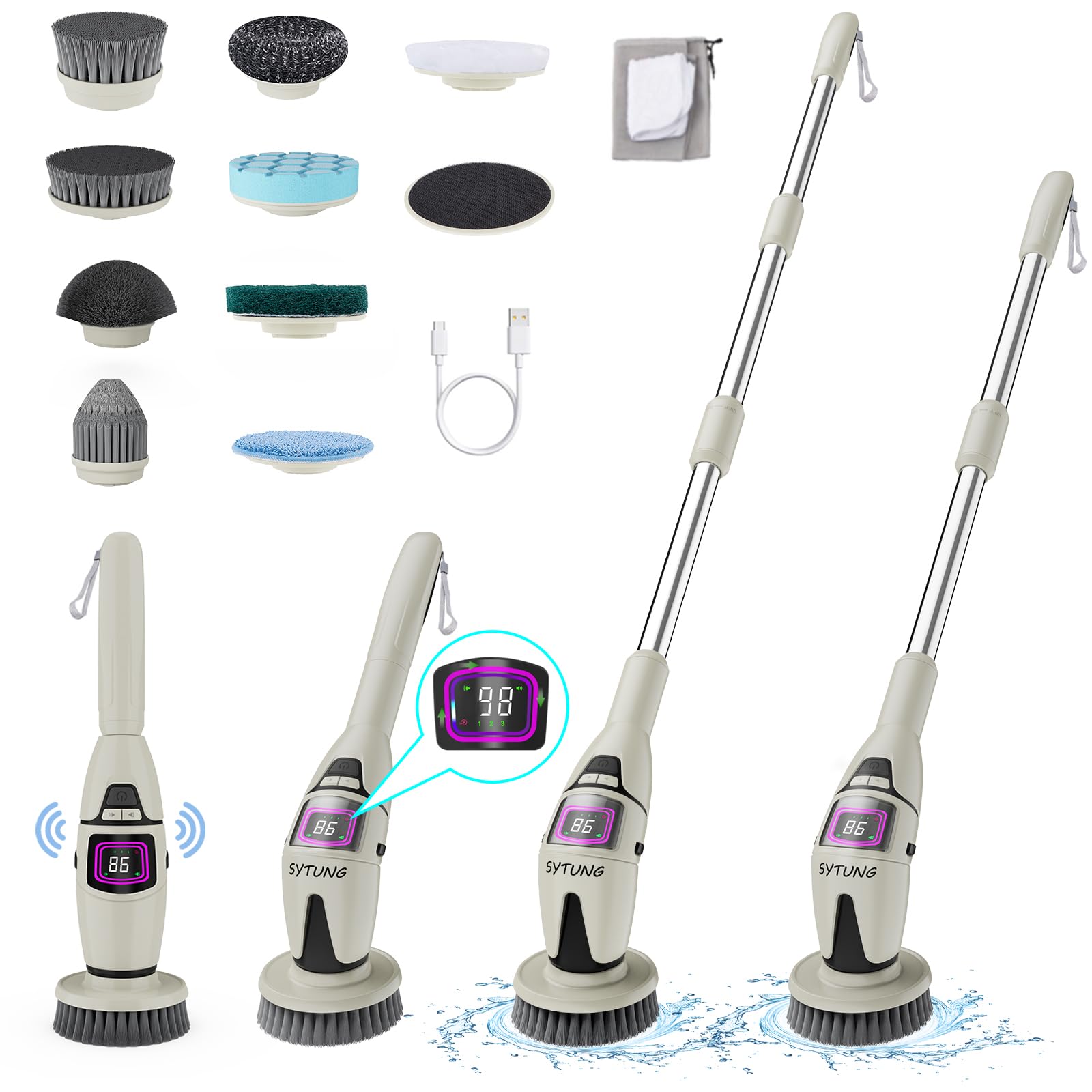 SYTUNG Electric Spin Scrubber, Electric Cleaning Brush with Ambient Light and Voice Announcement, Brush Head Can Rotate, 3 Speed Adjustment, Adjustable Extension Handle, Led Lighting