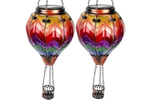 TEYIGARDEN 2PCS Solar Hot Air Balloon Lanterns with Flame with Shepherd's Hooks, Glass Hanging Flickering Lights Outdoor Waterproof for Garden Tree Yard Patio Mother's Day Gift, 18" H Wavy-Colorful