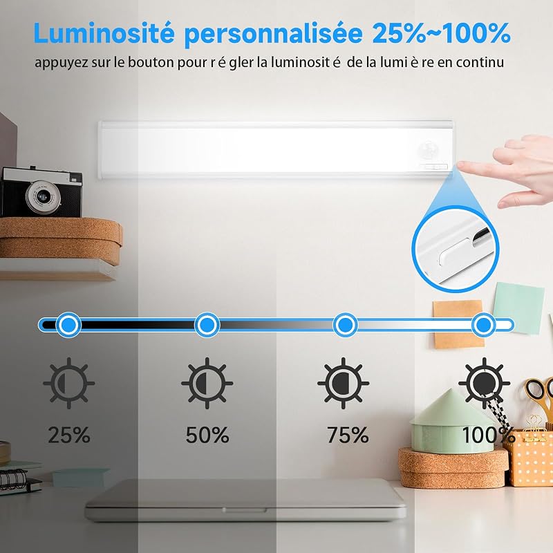 Reglette Led Sous Meuble Cuisine 24cm, 6500k Lumière avec Detecteur De Mouvement Interieur, 1500mAh Lampe Rechargeable USB, Adaptée pour Placard Veilleuse Escalier Couloir (2 Pack)