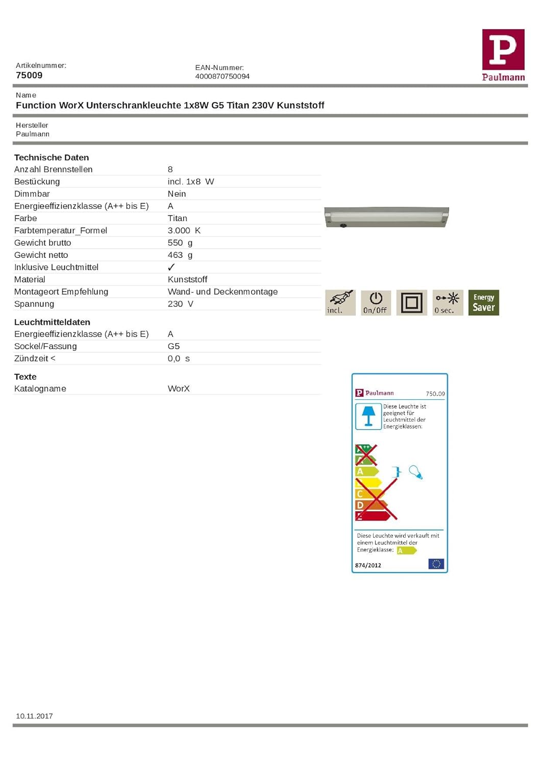 Paulmann 75009 Function WorX Unterschrankleuchte 1x8W G5 Titan 230V