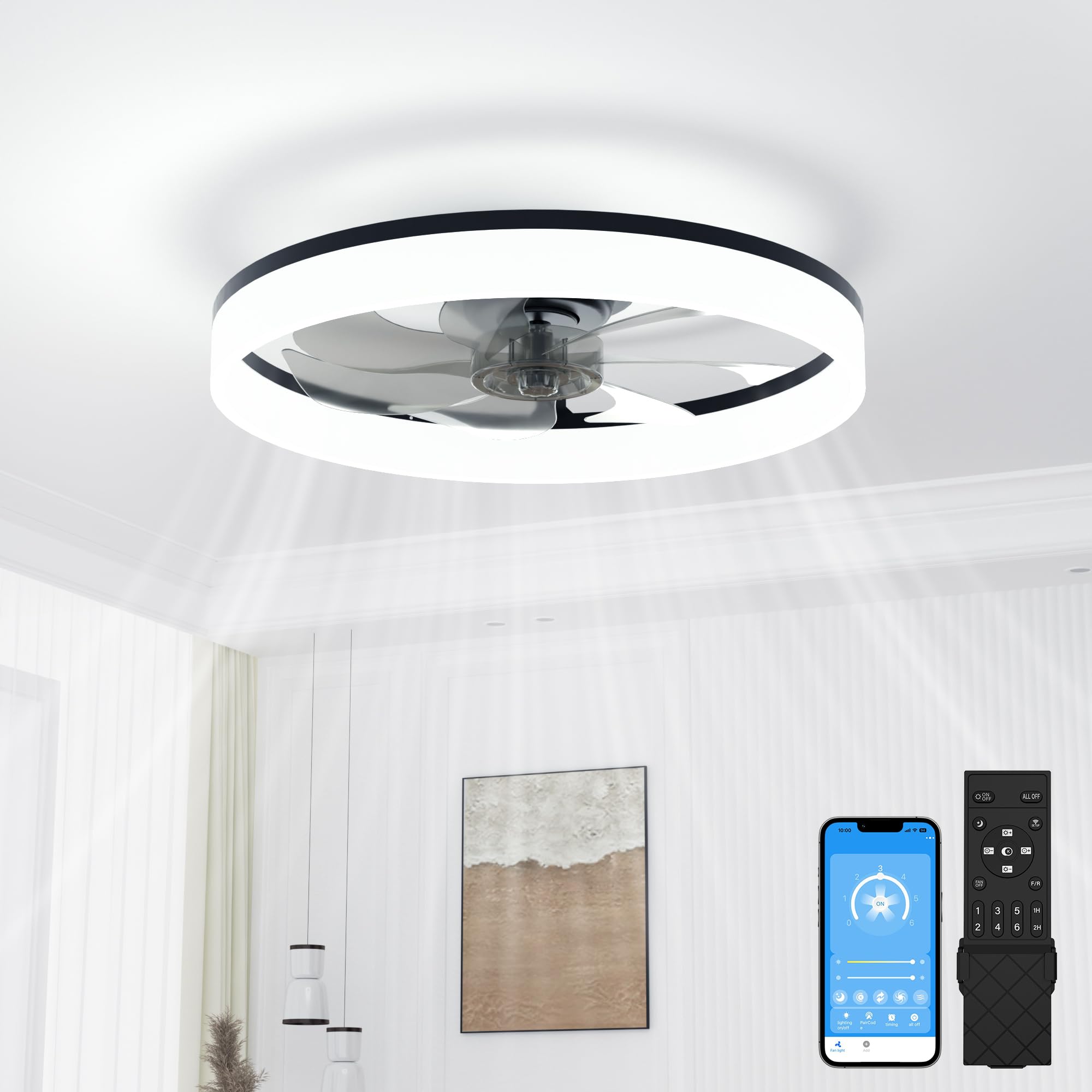 Photo 1 of VOLISUN Low Profile Ceiling Fans with Lights and Remote, Bladeless Ceiling Fan with Light Flush Mount, No Assembly, 3000K-6500K Dimmable, Black Fandelier Ceilings Fans with Lights for Bedroom