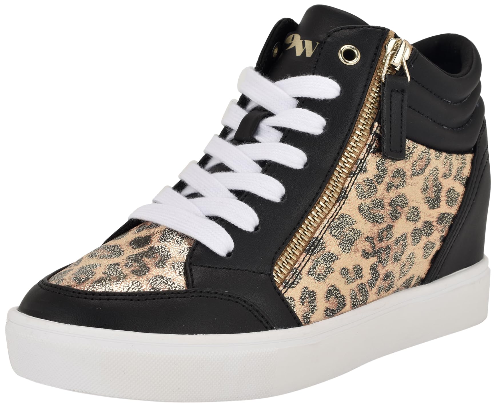 Nine West Women’s Tons Wedge Sneaker, Gold Shimmer Leopard/Black Multi 710, 9