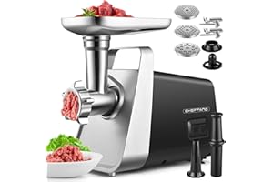 CHEFFANO Meat Grinder Electric, 350W[2000W Max] Electric Meat Grinder, Molino De Carne, Meat Mincer with Stainless Steel 2 Blades and 3 Plates, Sausage Staff Maker & Kubbe Kit for Home Kitchen Use