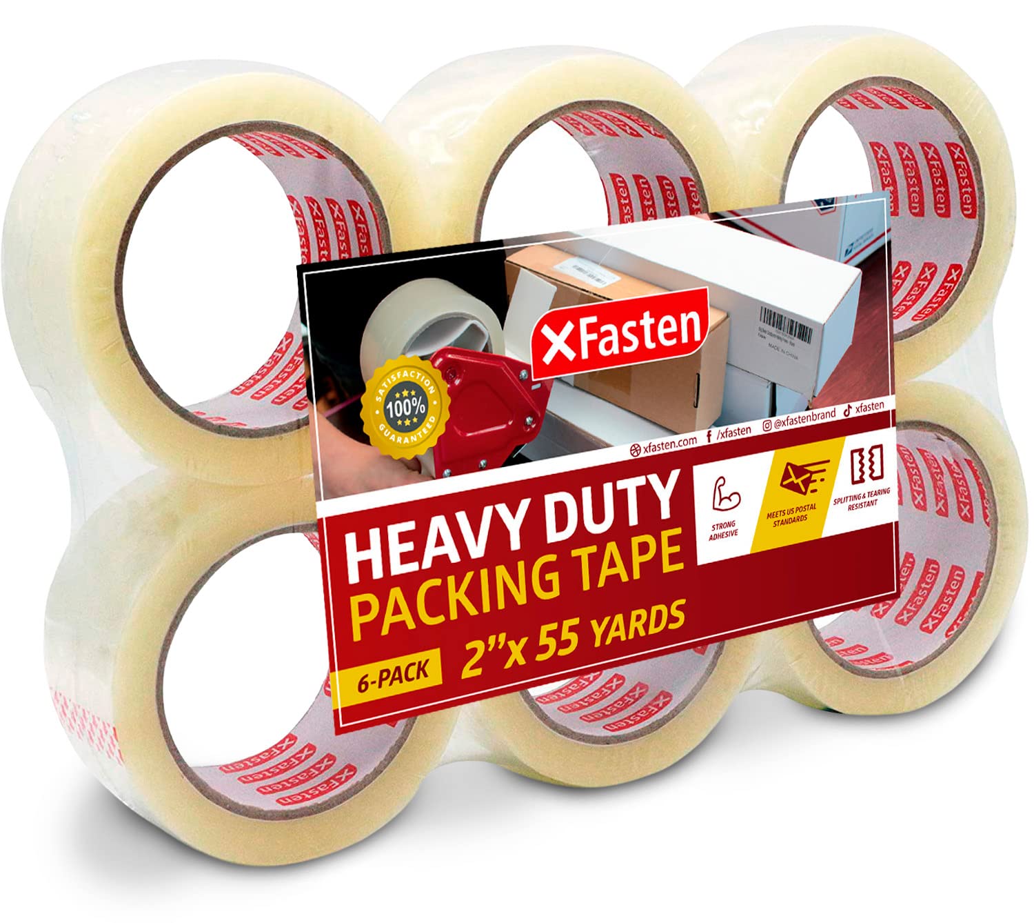 XFasten Heavy Duty Clear Packing Tape, 2-Inch x 55-Yard, Pack of 6 UV Resistant and Crystal Clear Packaging Tape | Clear Mailing Tape Compliant to US Postal Mailing Regulations
