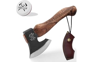 THRWCLUB 10.7 Inch Hatchet Axe, Camping Hatchet with 1065 High Carbon Steel and Leather Sheath, Bushcraft Hatchete for Chopping and Wood Splitting, Perfect for Outdoor Survival and Adventures