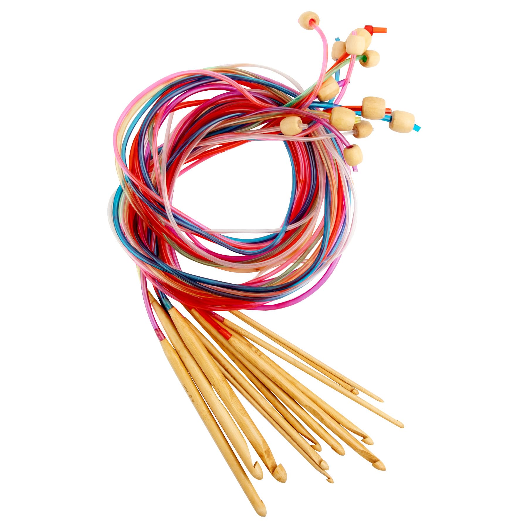 AUEAR, Set of 12 Size Bamboo Knitting Needles Tunisian Afghan Crochet Hook with Plastic Cable 3mm to 10mm Carpet Rug Weave Carbonized (Multicolor)