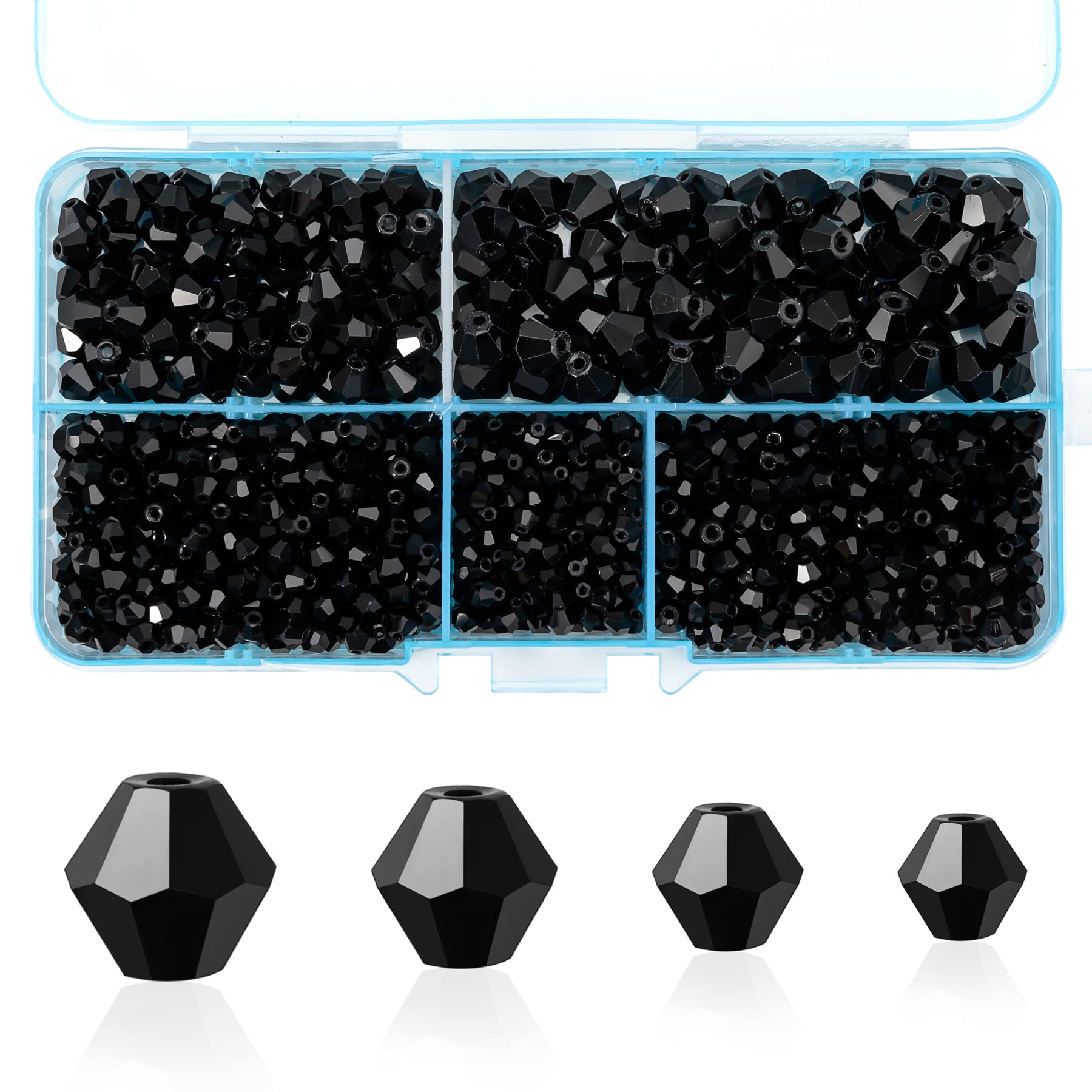 MissAudrey Bicone Crystal Beads for Jewelry Making, Lot 850pcs 3mm 4mm 6mm 8mm Black Faceted Bicone Shaped Glass Beads for DIY Craft Bracelets Necklaces Earrings Suncatcher Beading