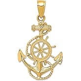 14k Yellow Gold Anchor Ship Wheel Pendant with Nautical Rope Design, Solid Gold Maritime Charm for Mens Necklace, Ocean Jewelry Symbolizing Strength Guidance Stability, Sailor Inspired Pendant
