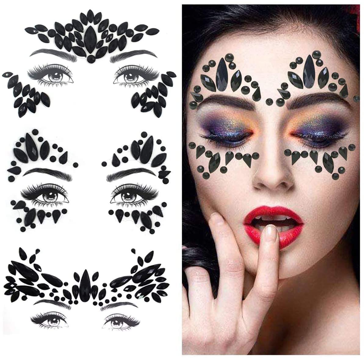 Halloween Face Gems Black, 3Pcs Day of the Dead Face Jewels Makeup Stickers Crystals, Festival Make up Kit Costume for Women Men