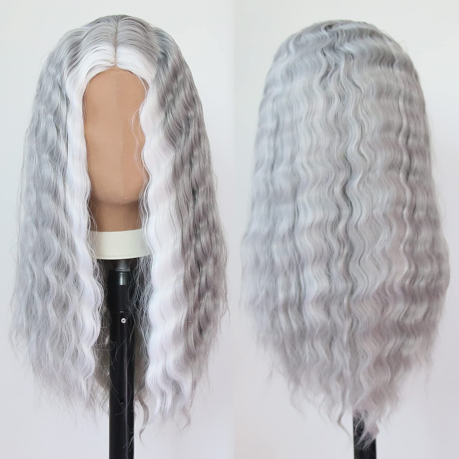 Towarm Loose Wave Grey Wig Long Wavy Highlight White Synthetic Wigs for Women Middle Part Glueless High Temperature Fiber Cosplay Daily Wear Wig (Grey with White)