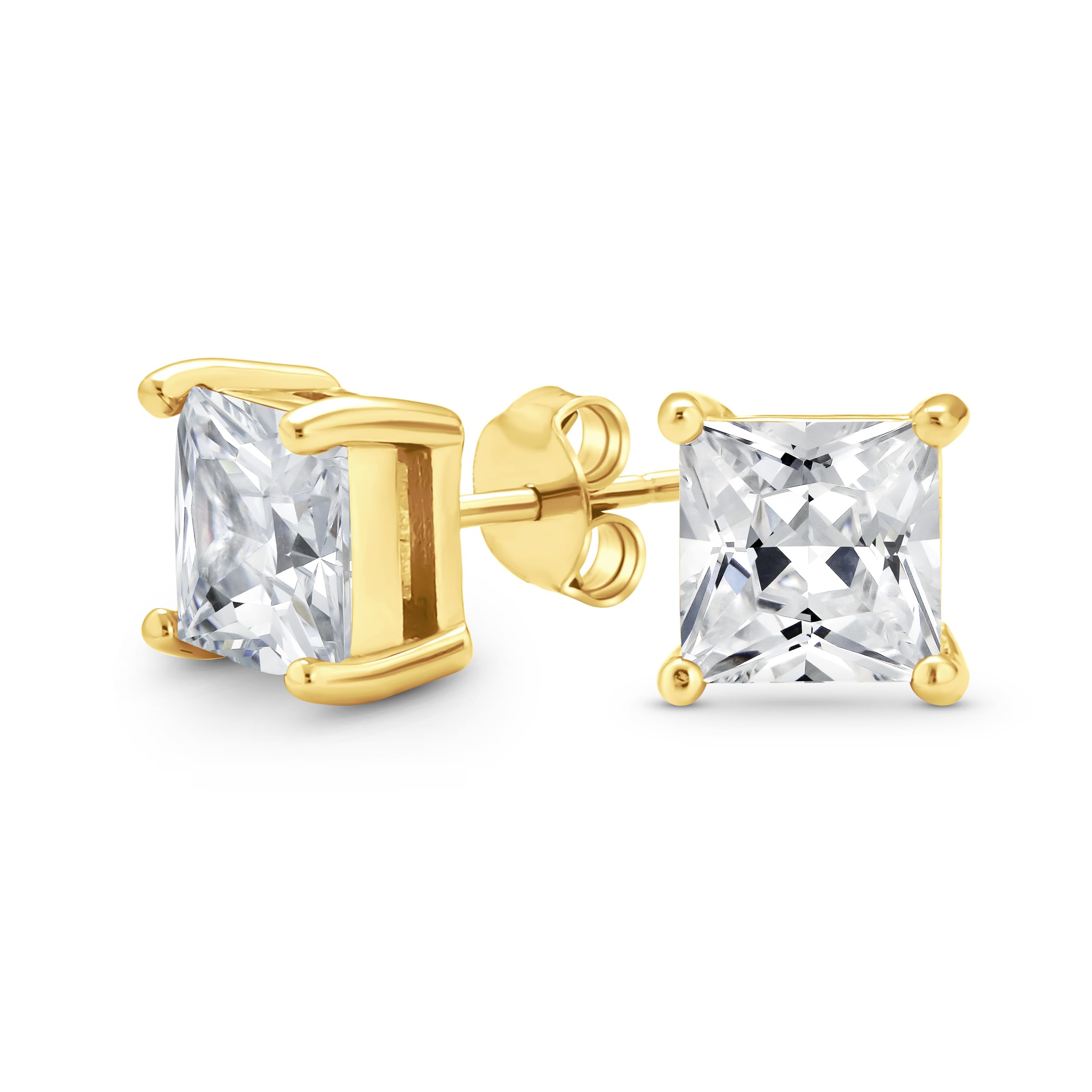 Square Cubic Zirconia Solitaire Brilliant Cut Princess CZ Stud Earrings For Women Gold Plated Sterling Silver 8MM — image 1