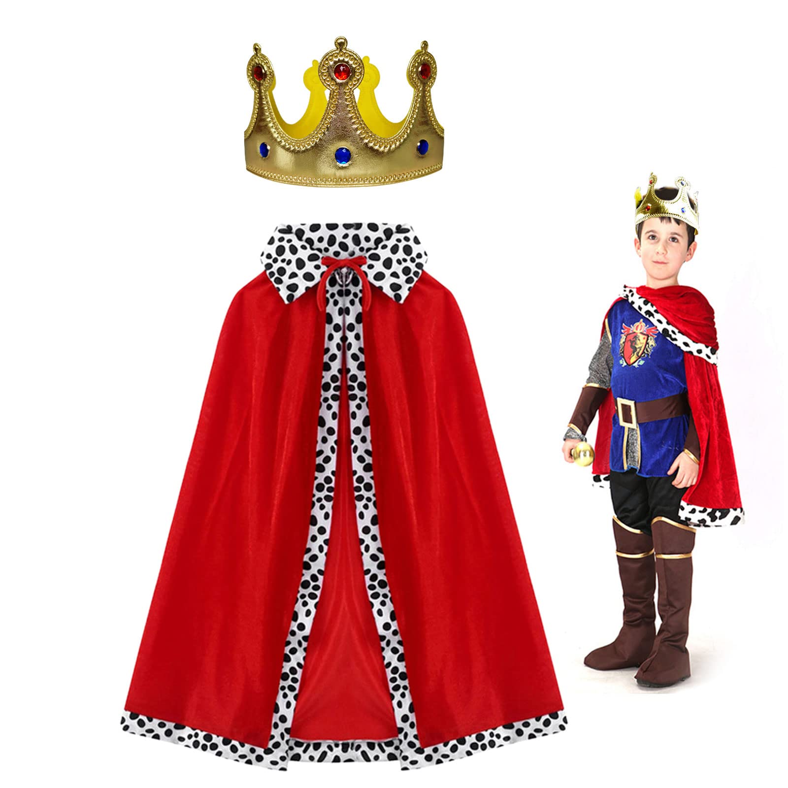 TSHAOUN King Costume Set, Prince Cloak and Prince Crown 2 Pcs Set for Princes Role Play, Halloween Princes Costume, Nativity Costumes, Stage Performance, One Size, 80cm (Red)