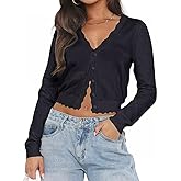LEEDYA Women's Long Sleeve Cropped Cardigans Fall Lightweight Open Front Knit Sweaters V Neck Button Down Jacket Top